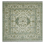 Hand Knotted Oriental Oushak Ivory and Teal Wool Area Rug