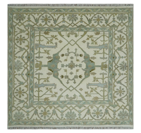 Hand Knotted Oriental Oushak Ivory and Teal Wool Area Rug