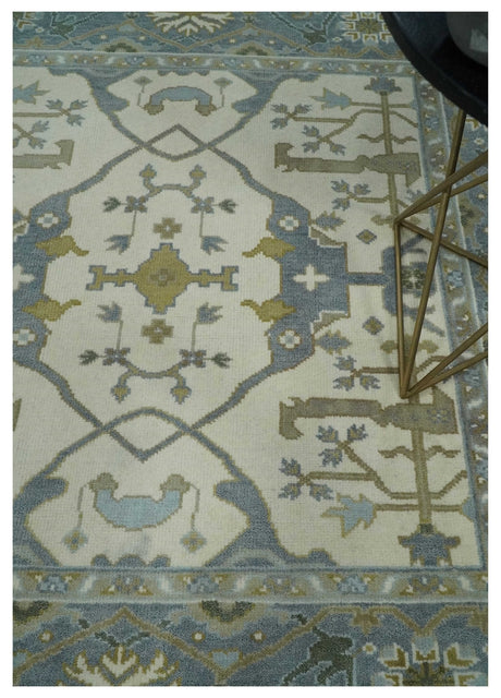 Hand Knotted Oriental Oushak Ivory, Charcoal and Beige Wool Area Rug