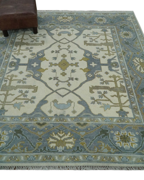 Hand Knotted Oriental Oushak Ivory, Charcoal and Beige Wool Area Rug