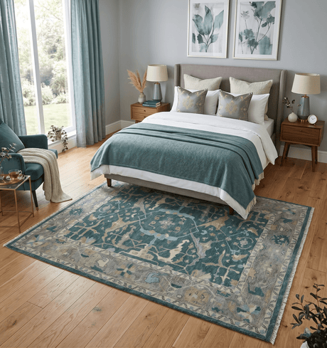 Hand Knotted Oriental Oushak Teal and Beige Multi Size Wool Area Rug