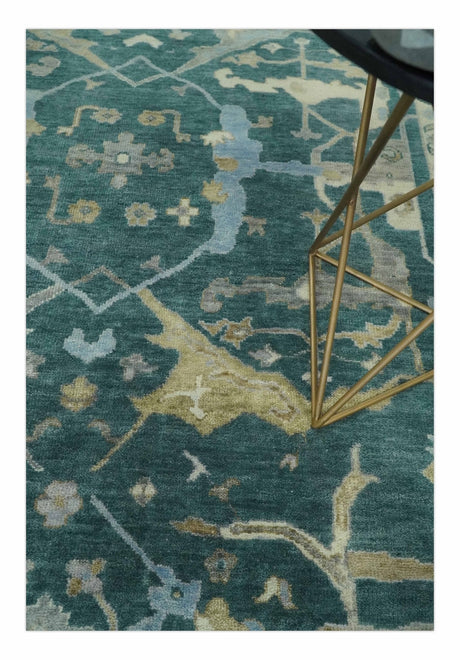 Hand Knotted Oriental Oushak Teal and Beige Multi Size Wool Area Rug
