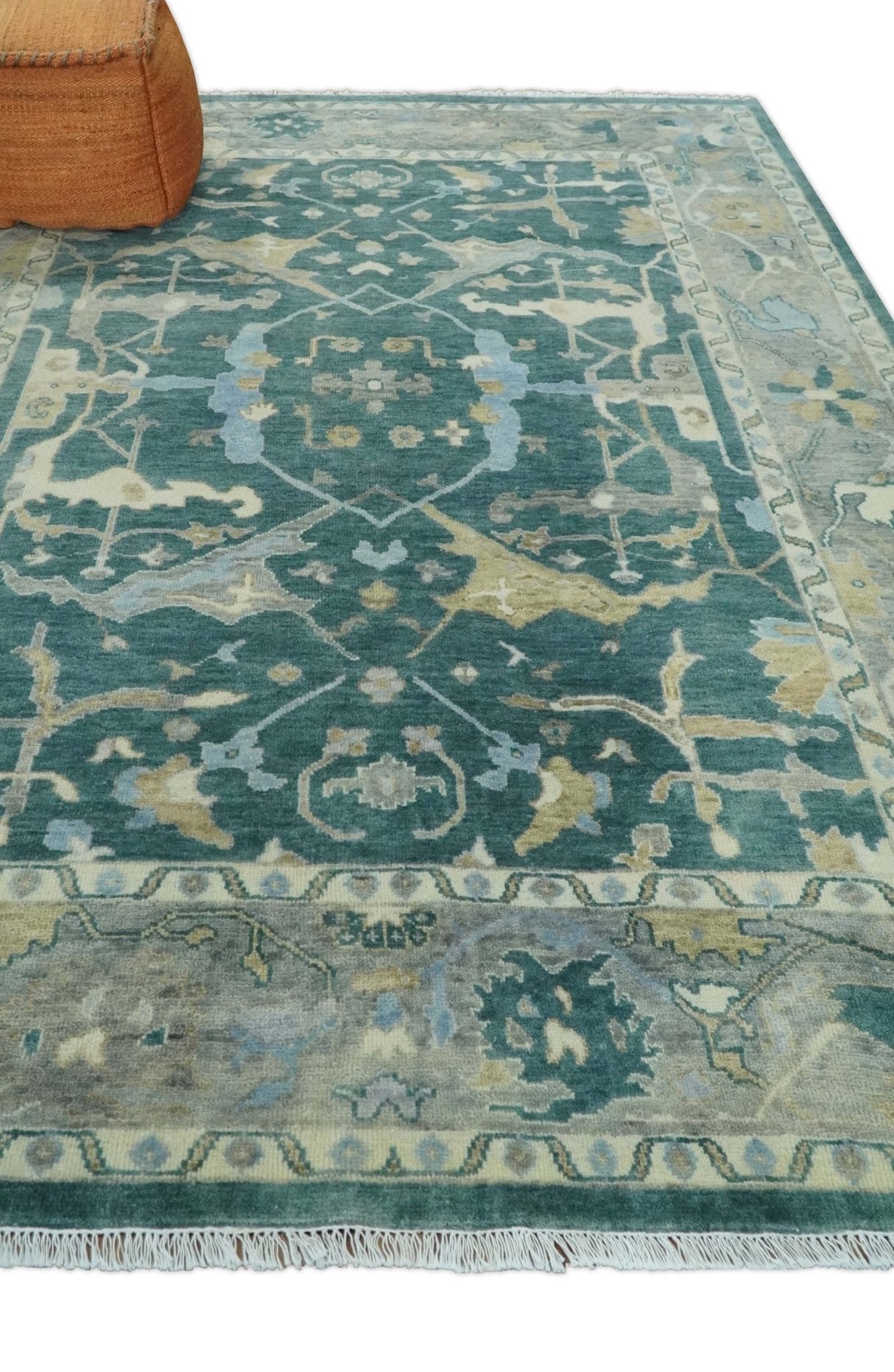 Hand Knotted Oriental Oushak Teal and Beige Multi Size Wool Area Rug