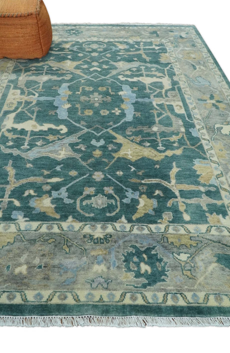 Hand Knotted Oriental Oushak Teal and Beige Multi Size Wool Area Rug