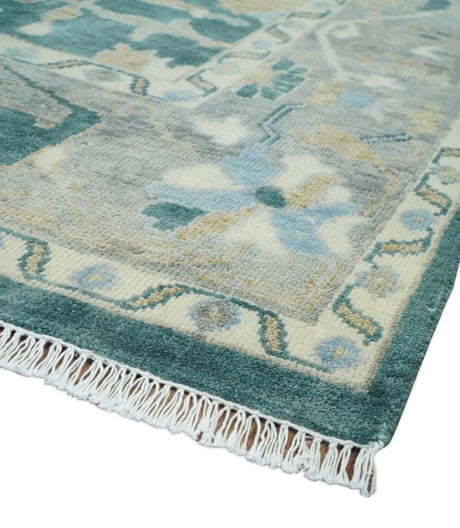 Hand Knotted Oriental Oushak Teal and Beige Multi Size Wool Area Rug