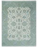Hand Knotted Oriental Oushak Teal, Ivory and Beige Custom Made Wool Area Rug