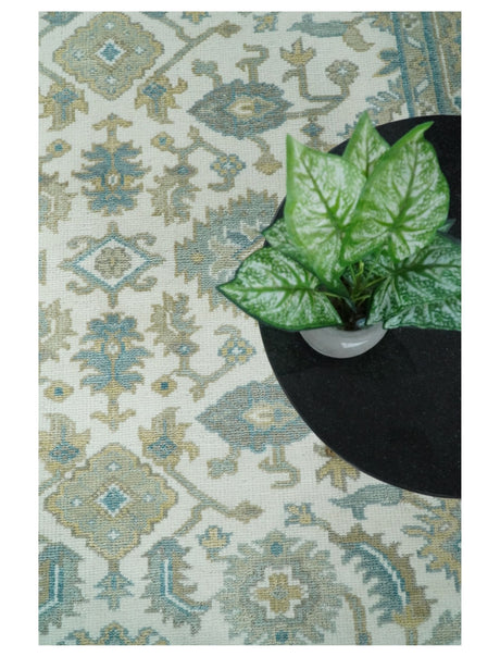 Hand Knotted Oriental Oushak Teal, Ivory and Beige Custom Made Wool Area Rug