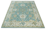 Hand Knotted Oriental Oushak Teal, Ivory and Beige Wool Area Rug