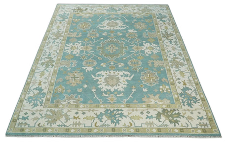 Hand Knotted Oriental Oushak Teal, Ivory and Beige Wool Area Rug
