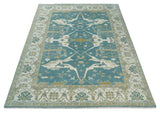 Hand Knotted Oriental Oushak Teal, Ivory and Beige Wool Area Rug
