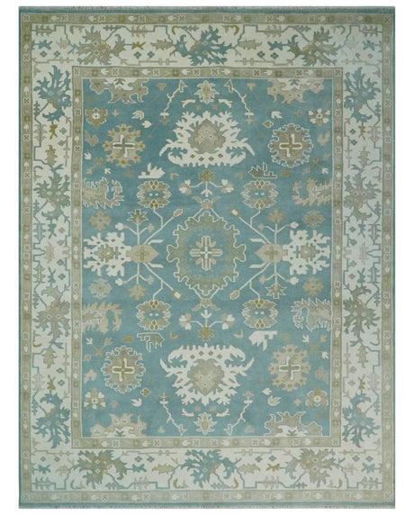Hand Knotted Oriental Oushak Teal, Ivory and Beige Wool Area Rug