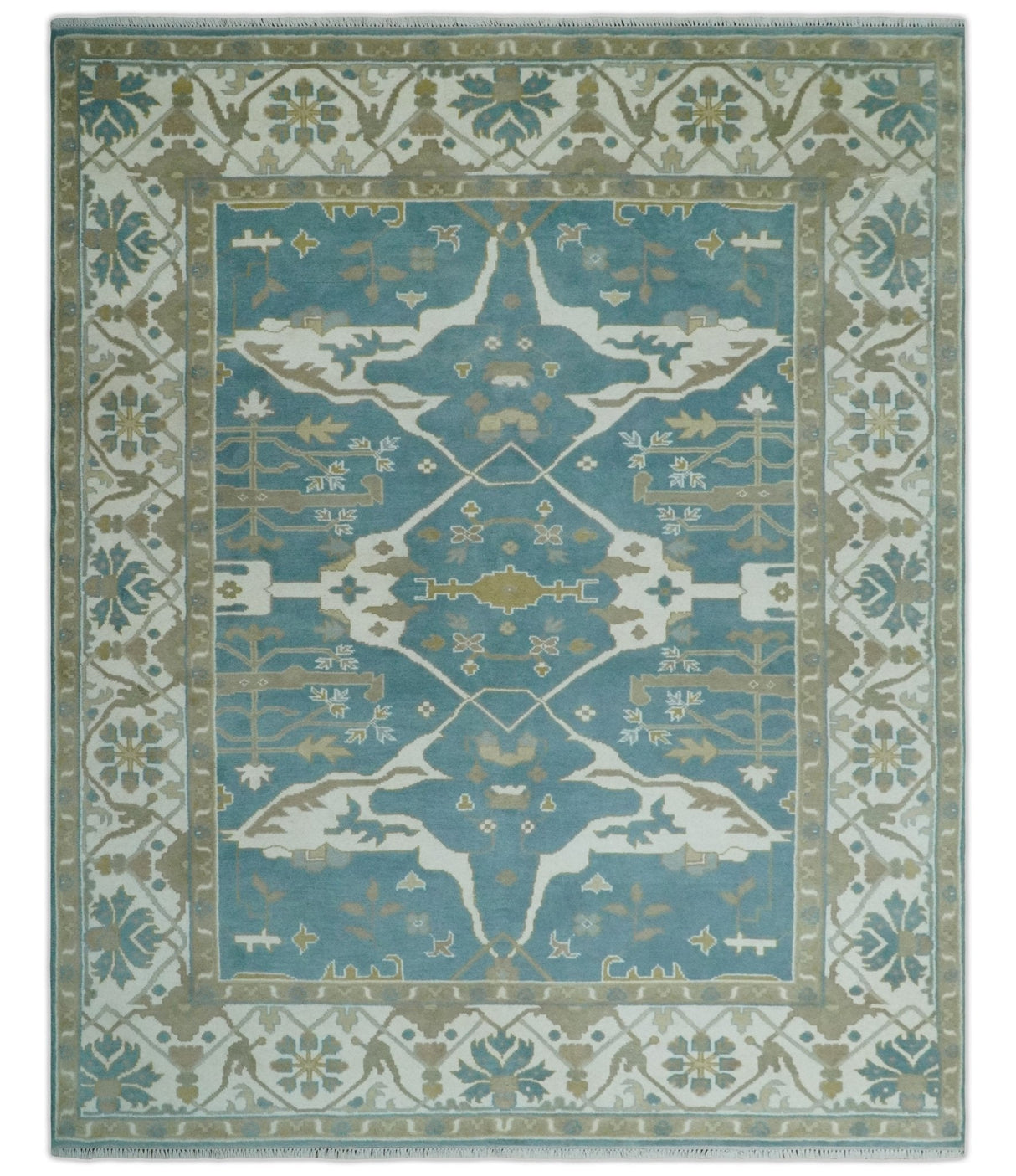 Hand Knotted Oriental Oushak Teal, Ivory and Beige Wool Area Rug
