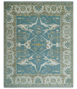 Hand Knotted Oriental Oushak Teal, Ivory and Beige Wool Area Rug