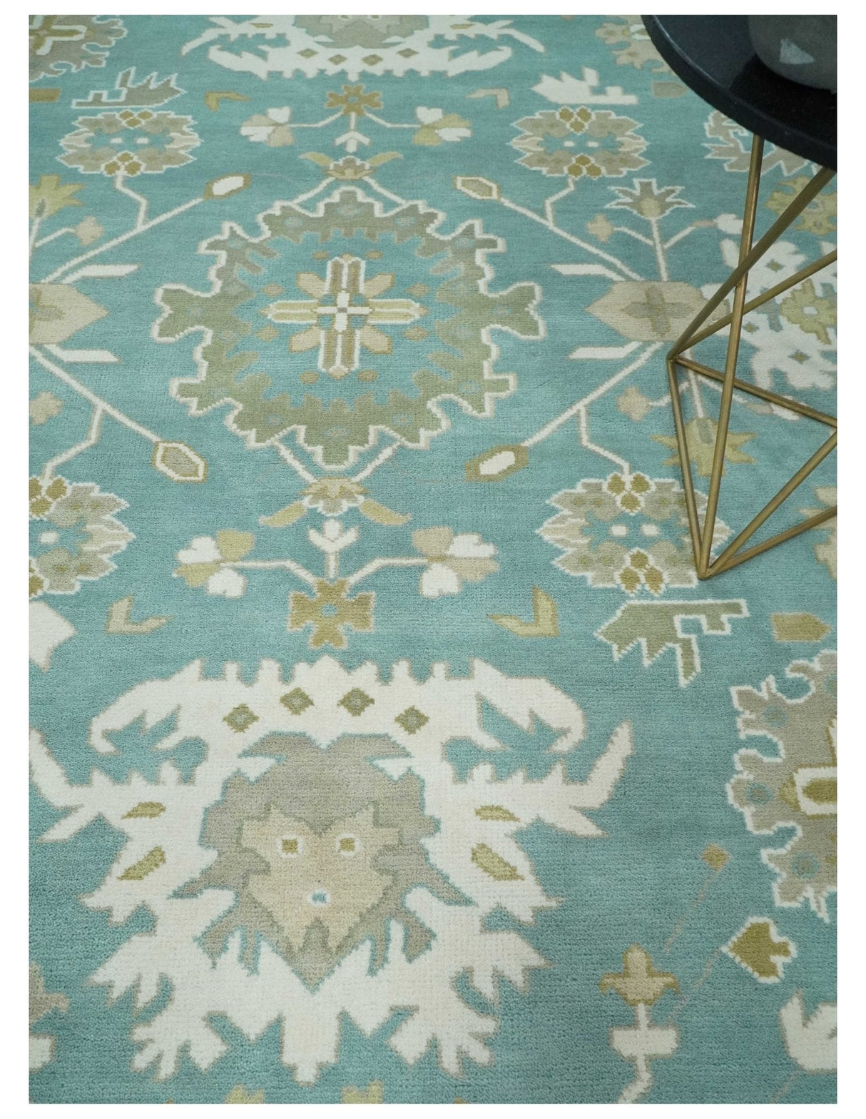 Hand Knotted Oriental Oushak Teal, Ivory and Beige Wool Area Rug