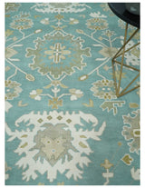 Hand Knotted Oriental Oushak Teal, Ivory and Beige Wool Area Rug