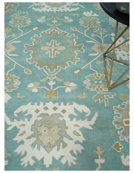 Hand Knotted Oriental Oushak Teal, Ivory and Beige Wool Area Rug