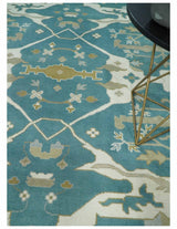 Hand Knotted Oriental Oushak Teal, Ivory and Beige Wool Area Rug