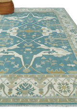 Hand Knotted Oriental Oushak Teal, Ivory and Beige Wool Area Rug