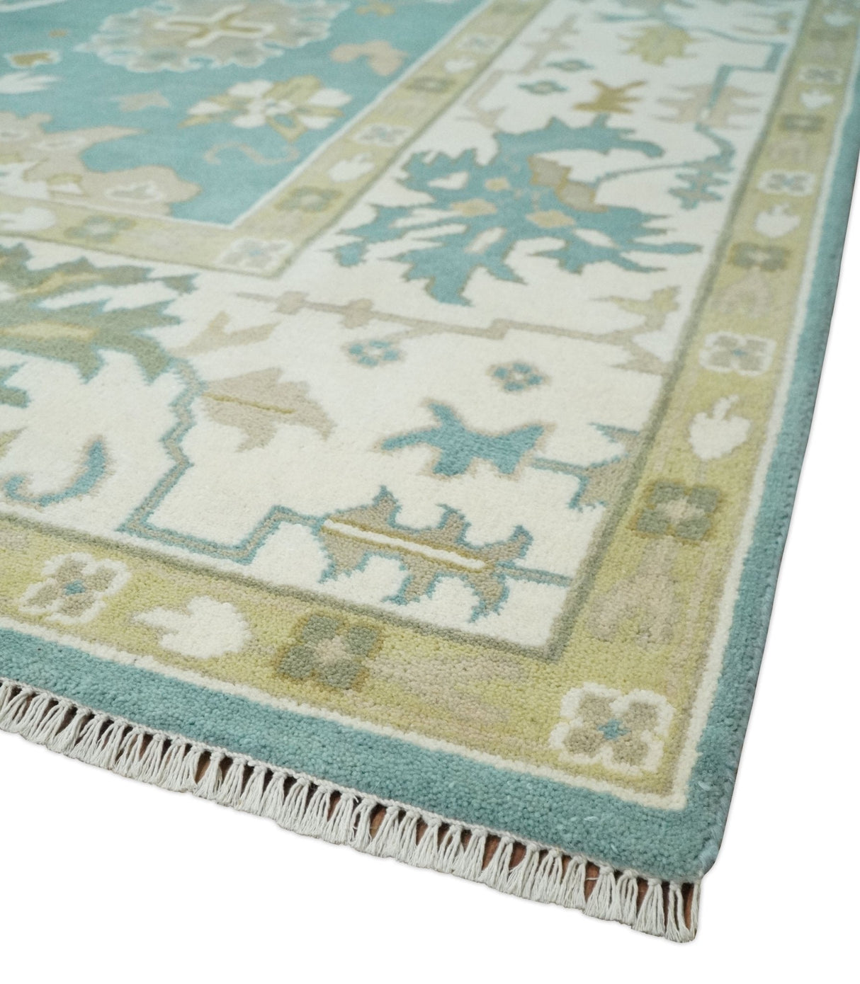 Hand Knotted Oriental Oushak Teal, Ivory and Beige Wool Area Rug