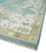 Hand Knotted Oriental Oushak Teal, Ivory and Beige Wool Area Rug