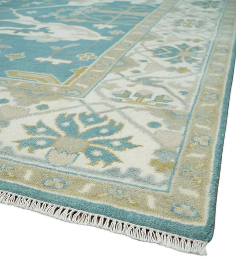 Hand Knotted Oriental Oushak Teal, Ivory and Beige Wool Area Rug