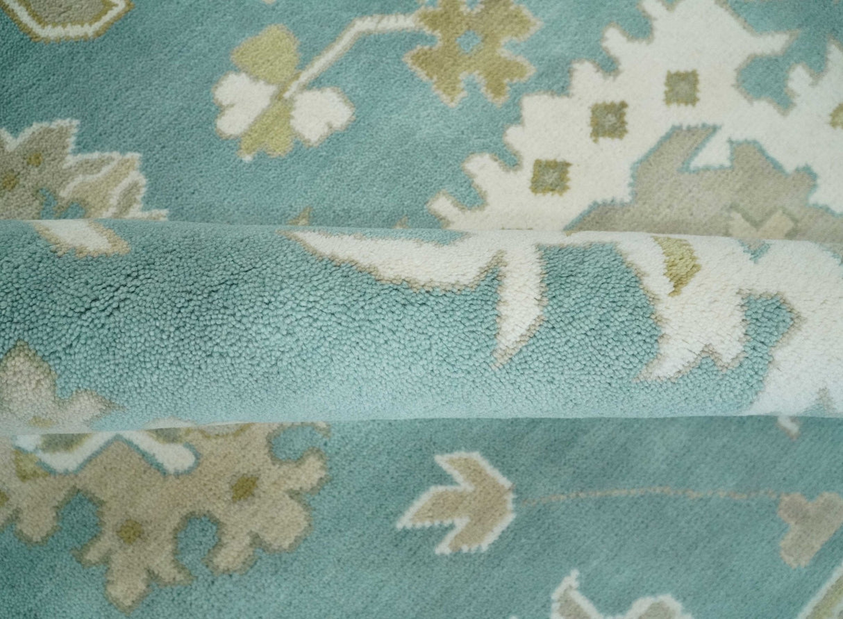 Hand Knotted Oriental Oushak Teal, Ivory and Beige Wool Area Rug