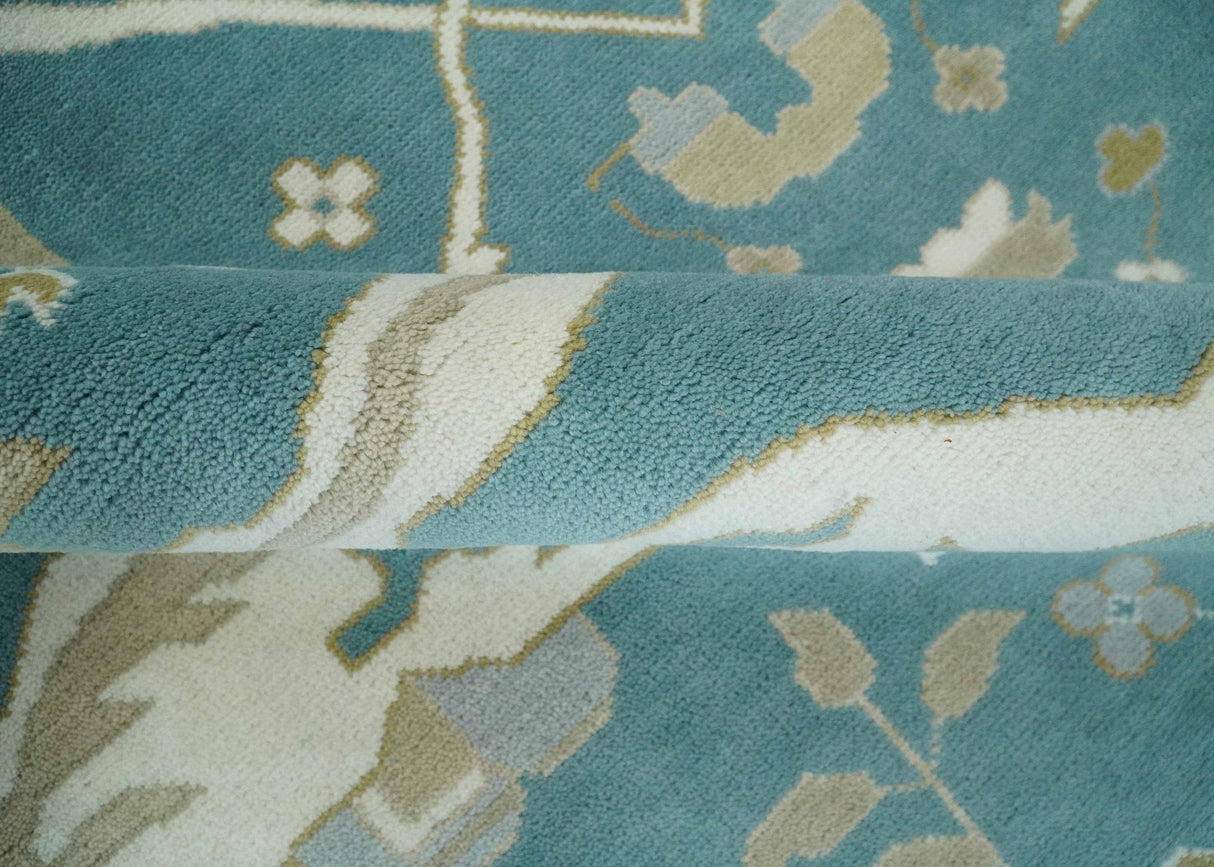 Hand Knotted Oriental Oushak Teal, Ivory and Beige Wool Area Rug