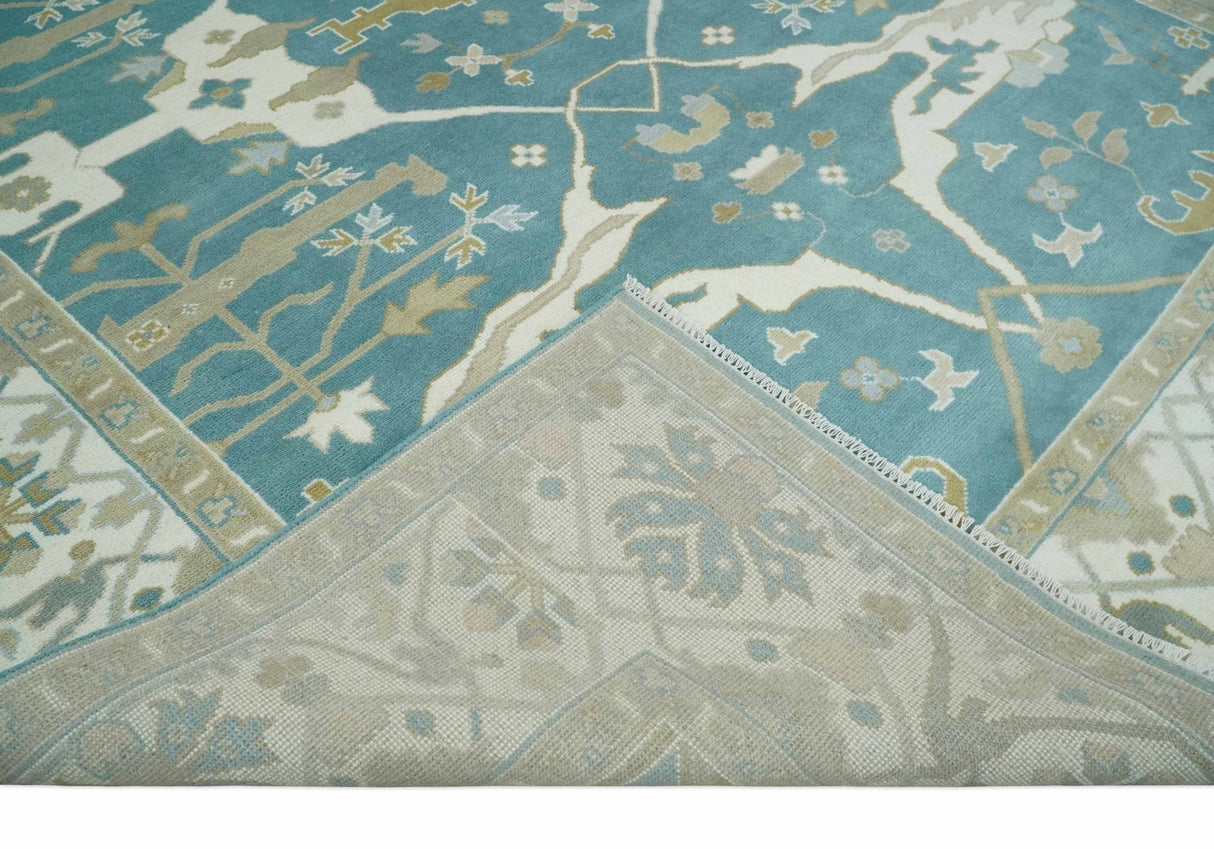 Hand Knotted Oriental Oushak Teal, Ivory and Beige Wool Area Rug