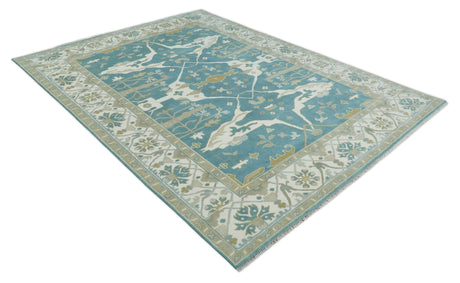 Hand Knotted Oriental Oushak Teal, Ivory and Beige Wool Area Rug