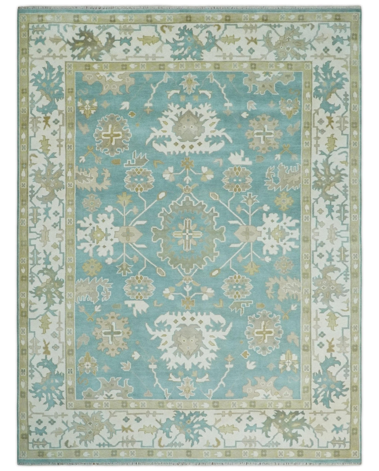 Hand Knotted Oriental Oushak Teal, Ivory and Beige Wool Area Rug