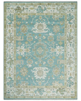 Hand Knotted Oriental Oushak Teal, Ivory and Beige Wool Area Rug