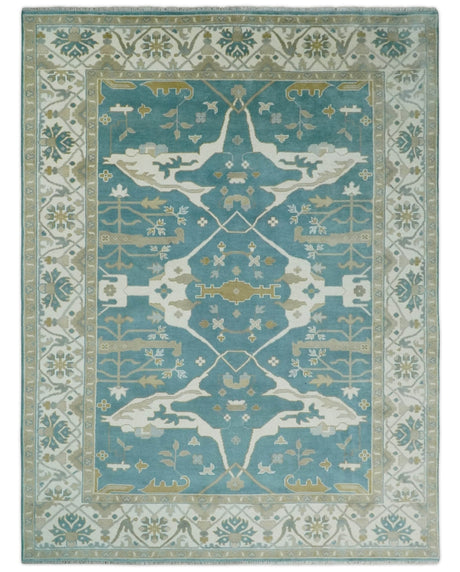 Hand Knotted Oriental Oushak Teal, Ivory and Beige Wool Area Rug