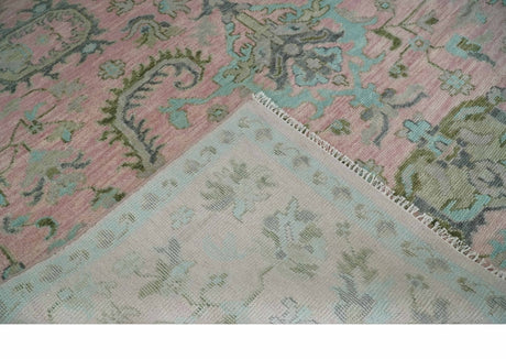 Hand Knotted Pink and Aqua Oriental Oushak Multi Size Traditional Wool Area Rug, Living Room and Bedroom Rug