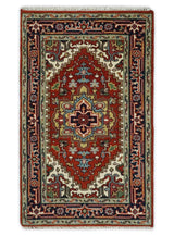 Hand Knotted Red, Ivory and Blue Traditional Heriz Multi size Wool Area Rug