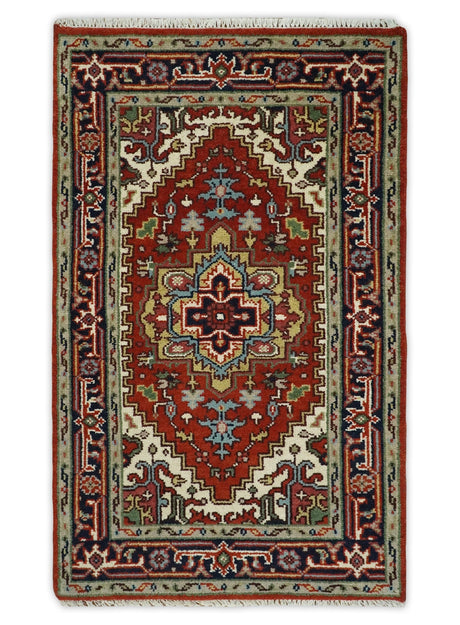 Hand Knotted Red, Ivory and Blue Traditional Heriz Multi size Wool Area Rug