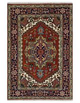 Hand Knotted Red, Ivory and Blue Traditional Heriz Multi size Wool Area Rug