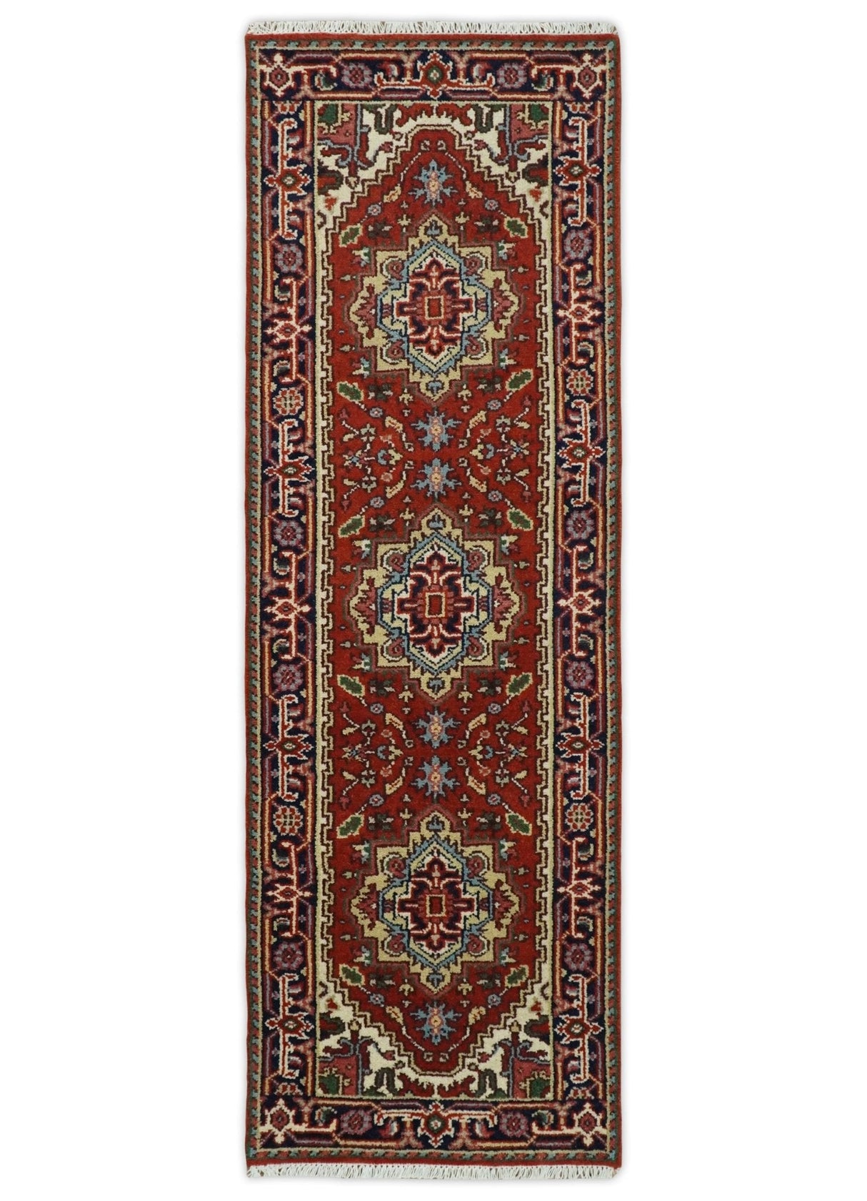 Hand Knotted Red, Ivory and Blue Traditional Heriz Multi size Wool Area Rug
