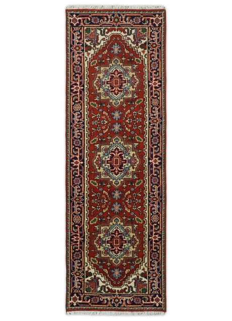Hand Knotted Red, Ivory and Blue Traditional Heriz Multi size Wool Area Rug