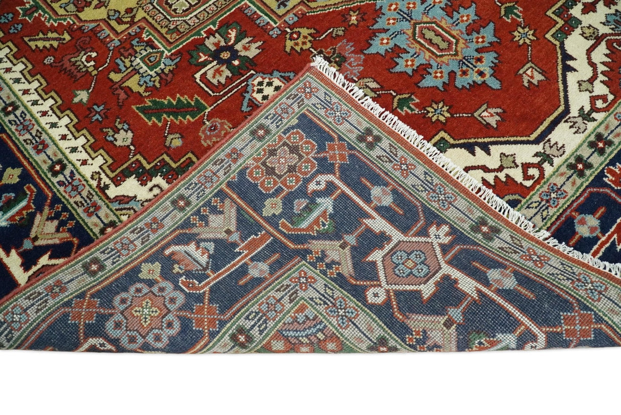 Hand Knotted Red, Ivory and Blue Traditional Heriz Multi size Wool Area Rug