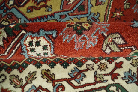 Hand Knotted Red, Ivory and Blue Traditional Heriz Multi size Wool Area Rug