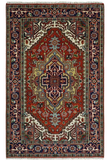 Hand Knotted Red, Ivory and Blue Traditional Heriz Multi size Wool Area Rug