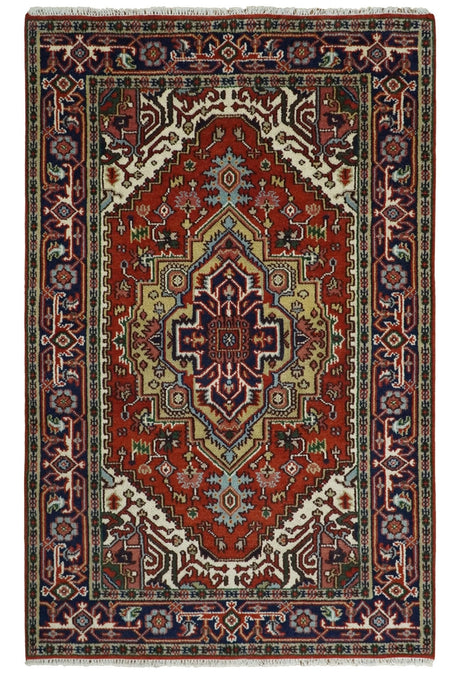 Hand Knotted Red, Ivory and Blue Traditional Heriz Multi size Wool Area Rug