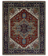 Hand Knotted Red, Ivory and Blue Traditional Heriz Multi size Wool Area Rug