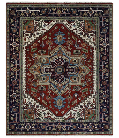 Hand Knotted Red, Ivory and Blue Traditional Heriz Multi size Wool Area Rug