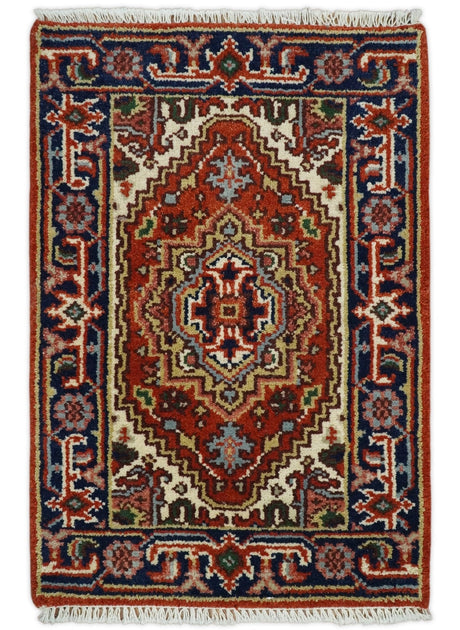 Hand Knotted Red, Ivory and Blue Traditional Heriz Multi size Wool Area Rug