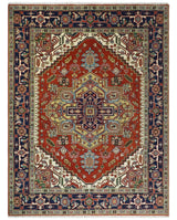 Hand Knotted Red, Ivory and Blue Traditional Heriz Multi size Wool Area Rug