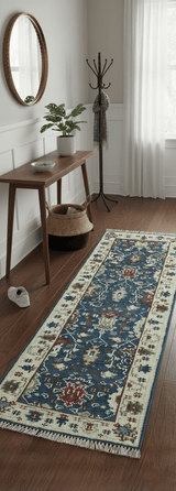 Hand knotted Runner 2.6x8 Blue And Ivory Traditional Design Wool Rug
