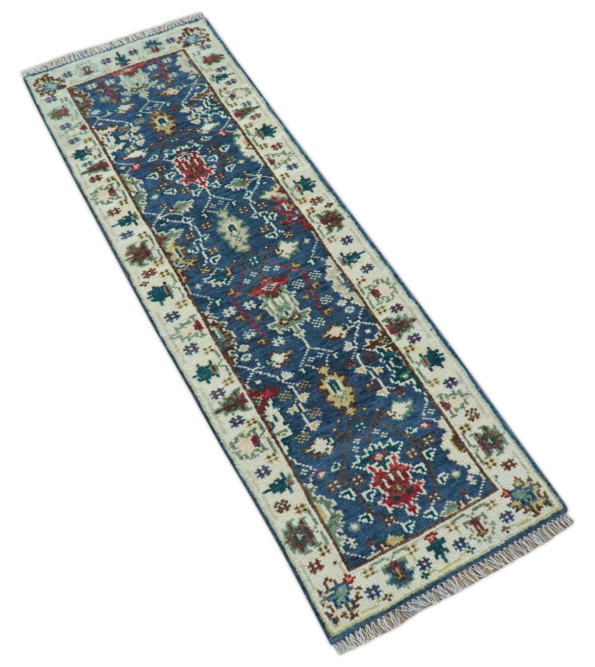 Hand knotted Runner 2.6x8 Blue And Ivory Traditional Design Wool Rug