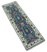 Hand knotted Runner 2.6x8 Blue And Ivory Traditional Design Wool Rug
