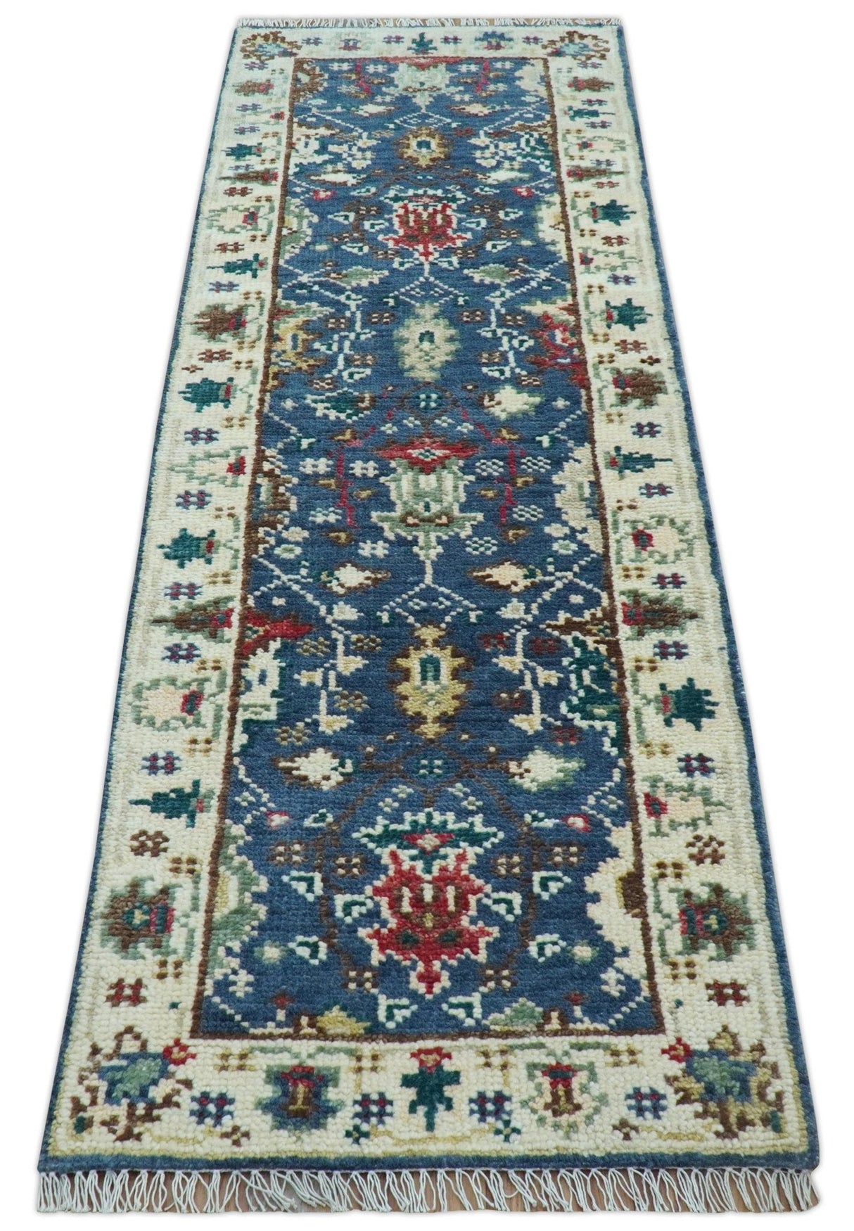 Hand knotted Runner 2.6x8 Blue And Ivory Traditional Design Wool Rug